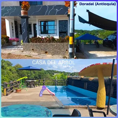 a collage of two pictures of a pool and a house at Casa Del Árbol in Doradal