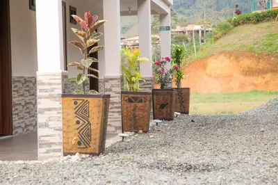 a row of potted plants on the side of a house at Loft para grupos parqueadero gratis LIRIO in Jardin