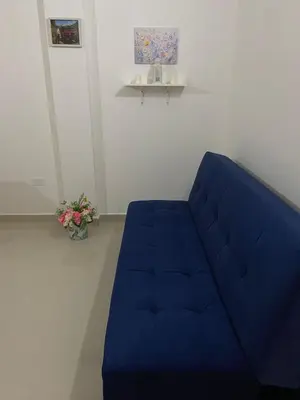 a blue couch in a living room with a plant at Las Flores de Mria 304 in Jardin