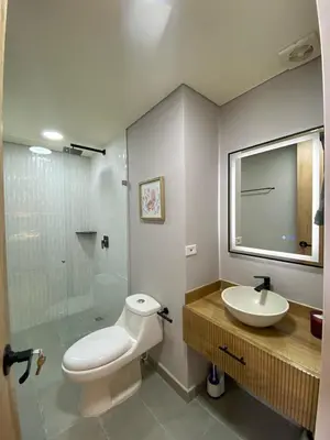 a bathroom with a toilet and a sink and a shower at San Telmo Apartment with Jacuzzy in Guatapé