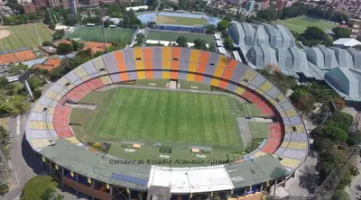 an aerial view of a soccer field with a stadium at AMPLIO APARTAMENTO AMOBLADO SECTOR LAURELES-ESTADIO Paris in Medellín