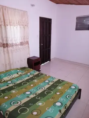 a bedroom with a bed with a green blanket and a door at Casa de relajación low cost! in La Dorada